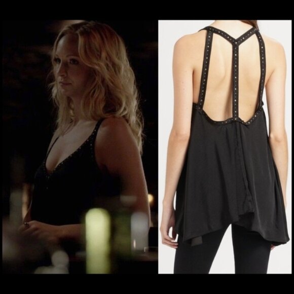 New BCBGMaxAzria Abbey v-neck studded cutout cage open back trapeze satin top - Picture 1 of 8